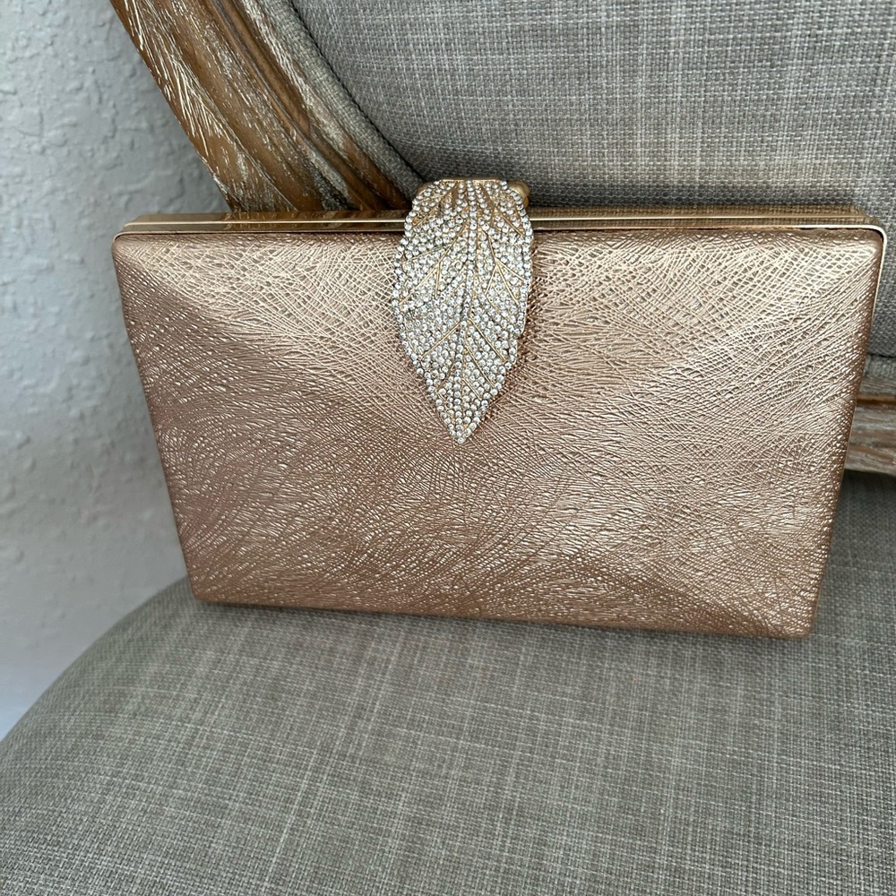 Crystal Leaf Clasp Rose Gold Evening Clutch